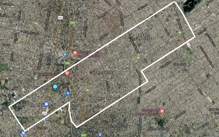 (Ubicación y límites actuales de Temperley, captura tomada de Google Maps)